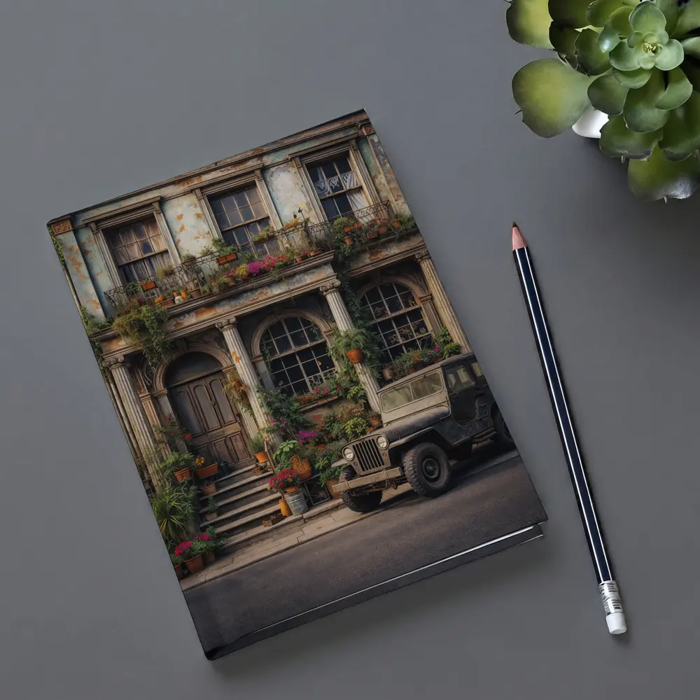 Vintage Jeep Parked Outside Weathered Classic Building – Notebooks