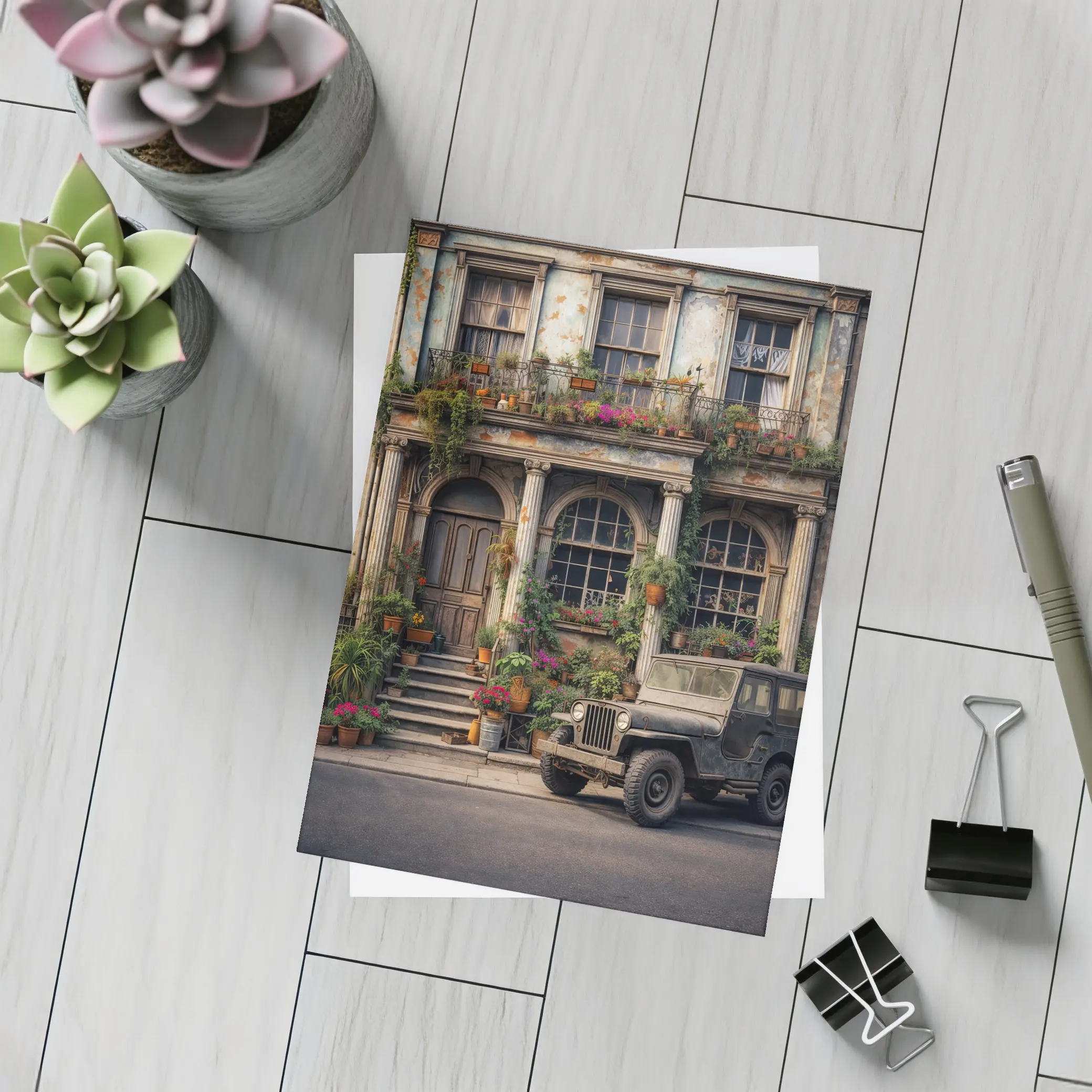 Vintage Jeep Parked Outside Weathered Classic Building – Postcards