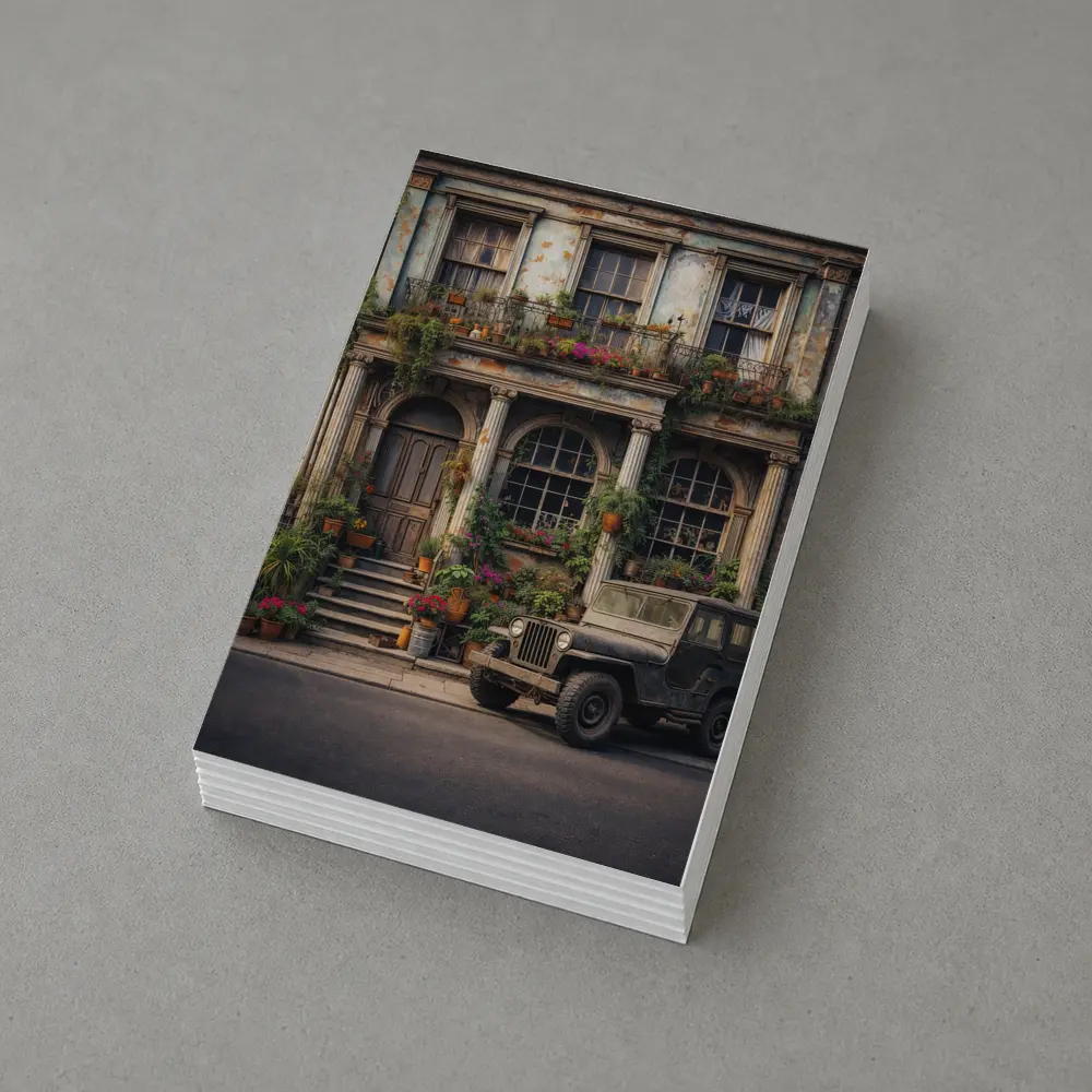 Vintage Jeep Parked Outside Weathered Classic Building – Postcards