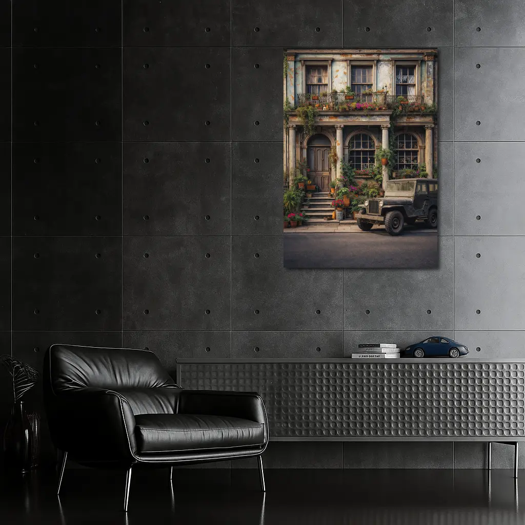 Vintage Jeep Parked Outside Weathered Classic Building – Wall Art