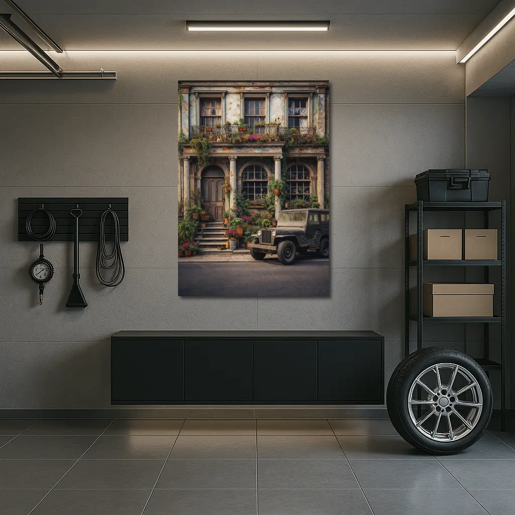 Vintage Jeep Parked Outside Weathered Classic Building – Wall Art
