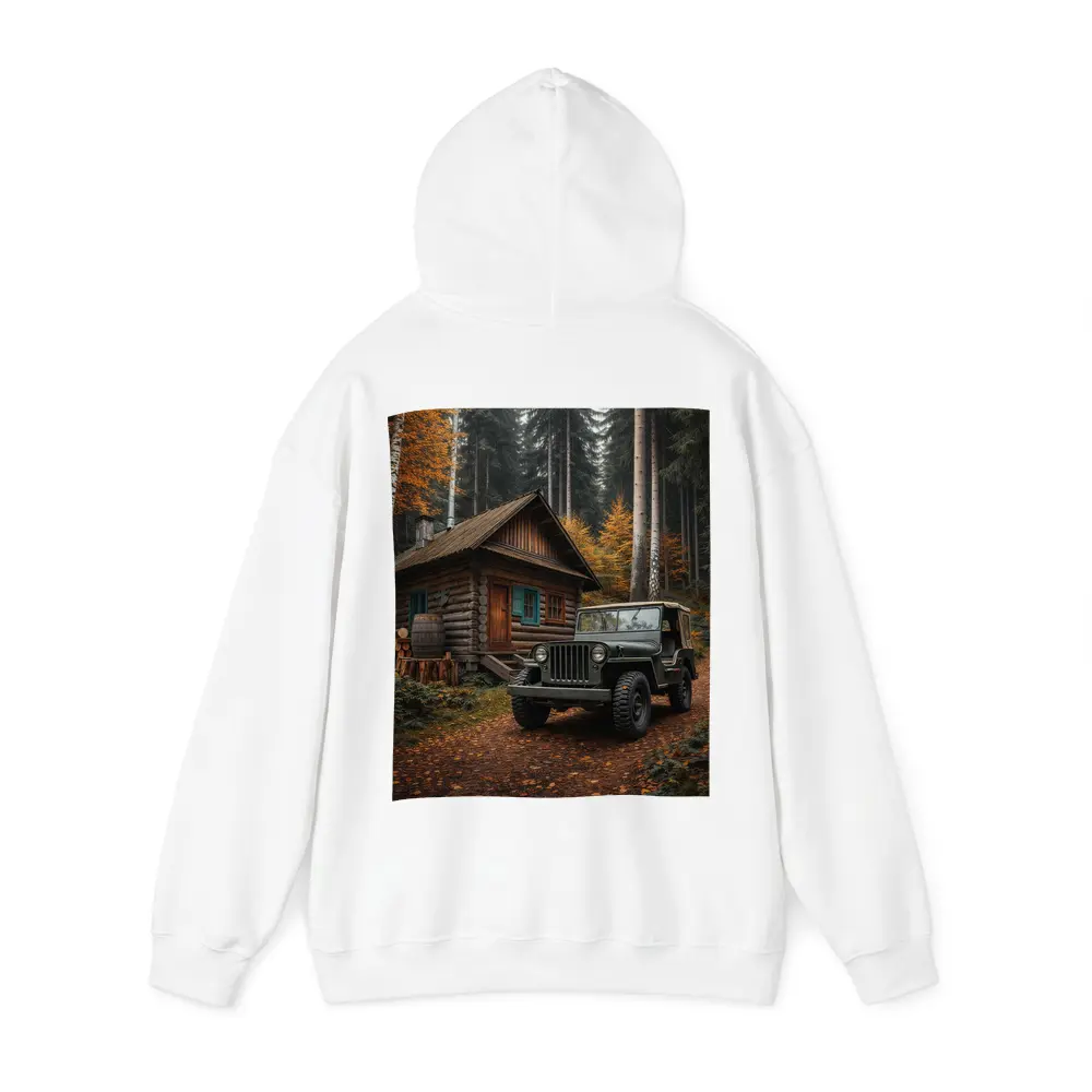 Vintage Jeep Parked By Forest Log Cabin – Hoodies