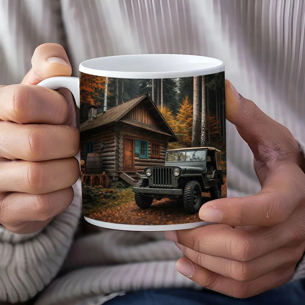 Vintage Jeep Parked By Forest Log Cabin – Mugs