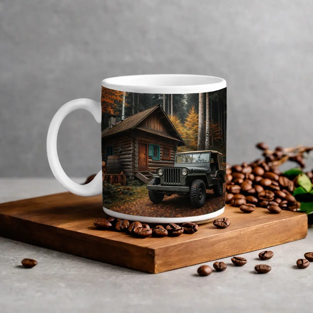 Vintage Jeep Parked By Forest Log Cabin – Mugs