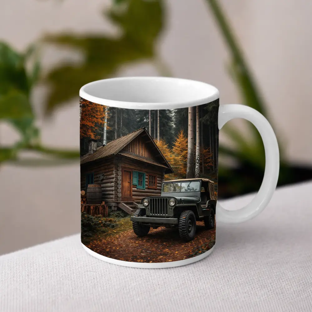 Vintage Jeep Parked By Forest Log Cabin – Mugs