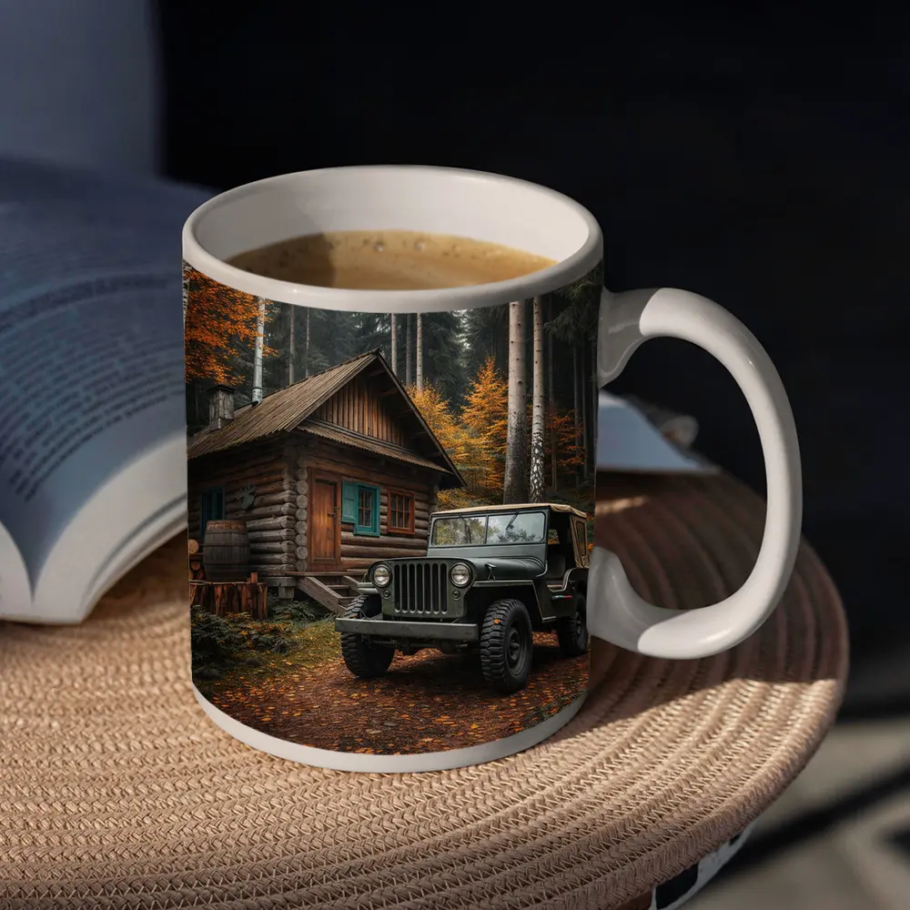 Vintage Jeep Parked By Forest Log Cabin – Mugs