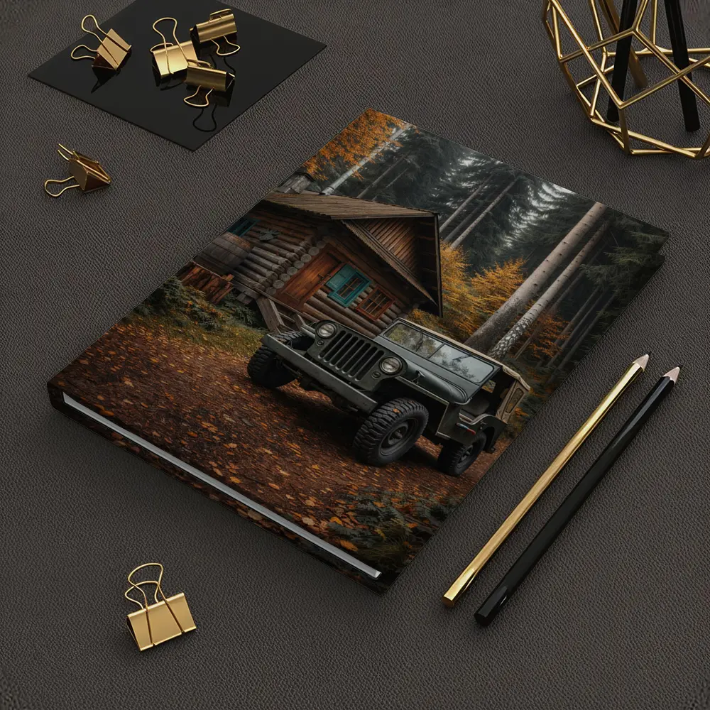 Vintage Jeep Parked By Forest Log Cabin – Notebooks