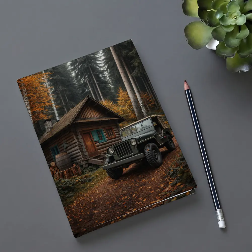 Vintage Jeep Parked By Forest Log Cabin – Notebooks