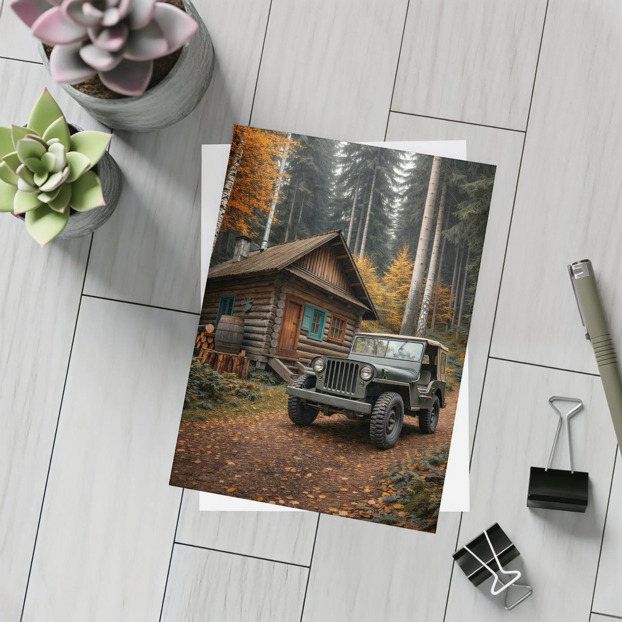 Vintage Jeep Parked By Forest Log Cabin – Postcards