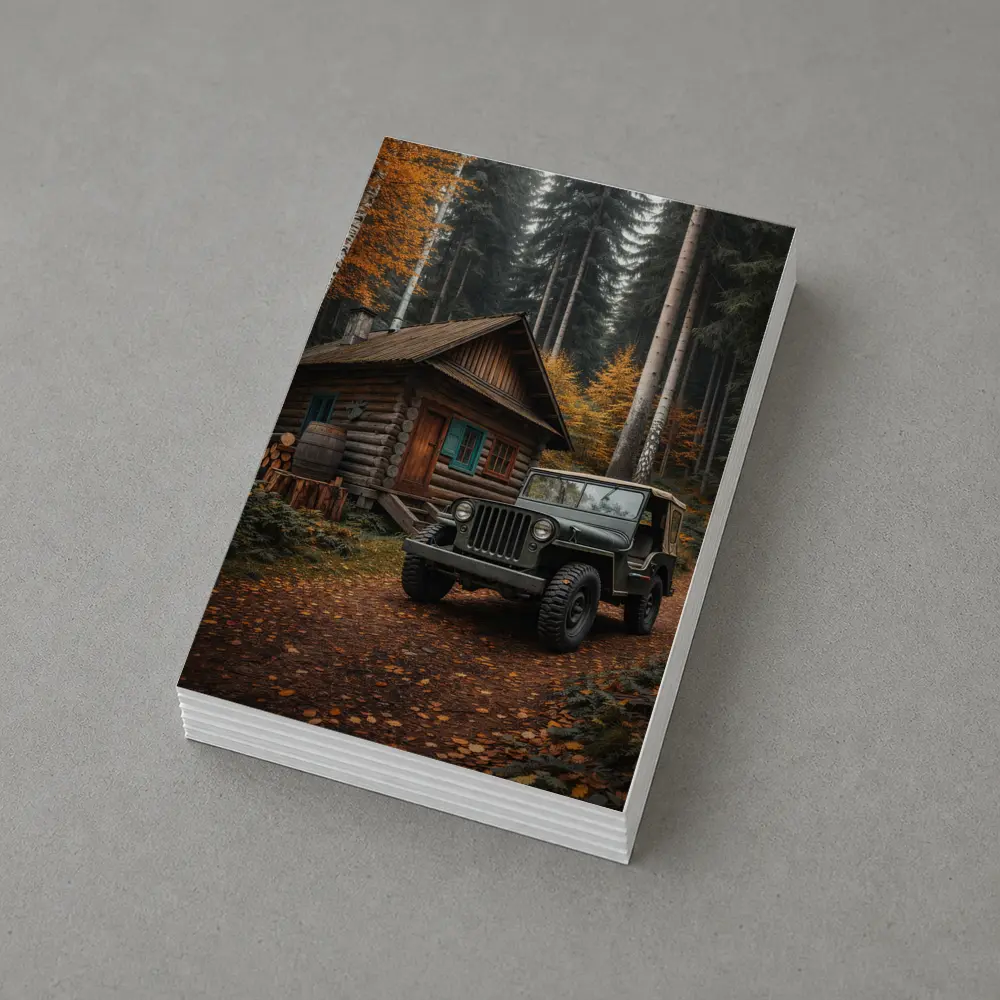 Vintage Jeep Parked By Forest Log Cabin – Postcards