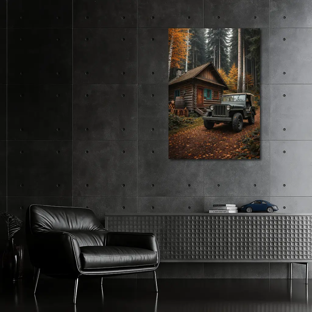 Vintage Jeep Parked By Forest Log Cabin – Wall Art