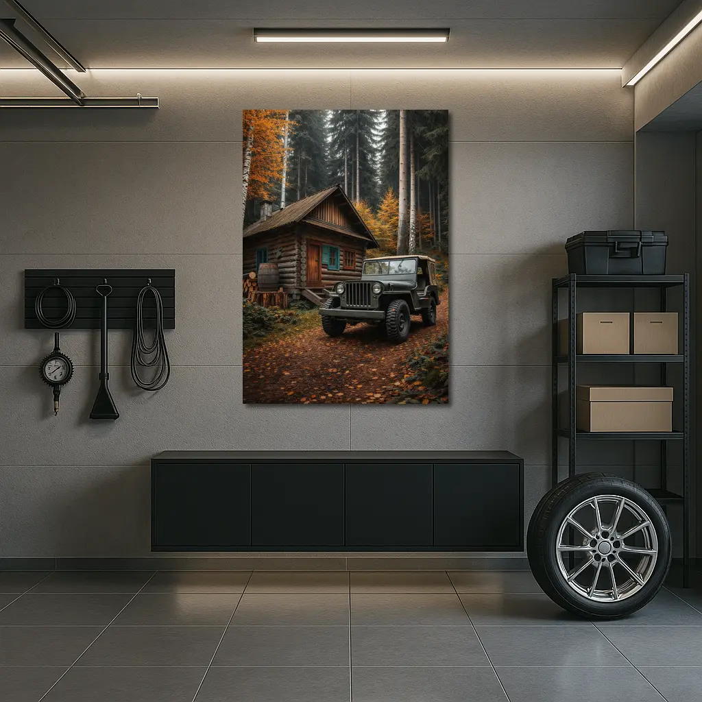 Vintage Jeep Parked By Forest Log Cabin – Wall Art