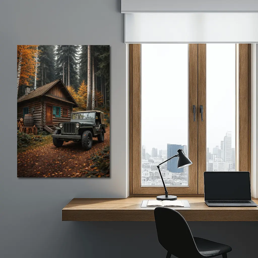 Vintage Jeep Parked By Forest Log Cabin – Wall Art