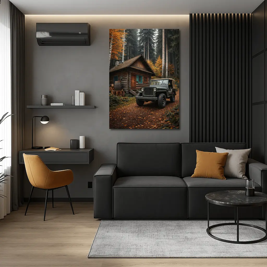 Vintage Jeep Parked By Forest Log Cabin – Wall Art