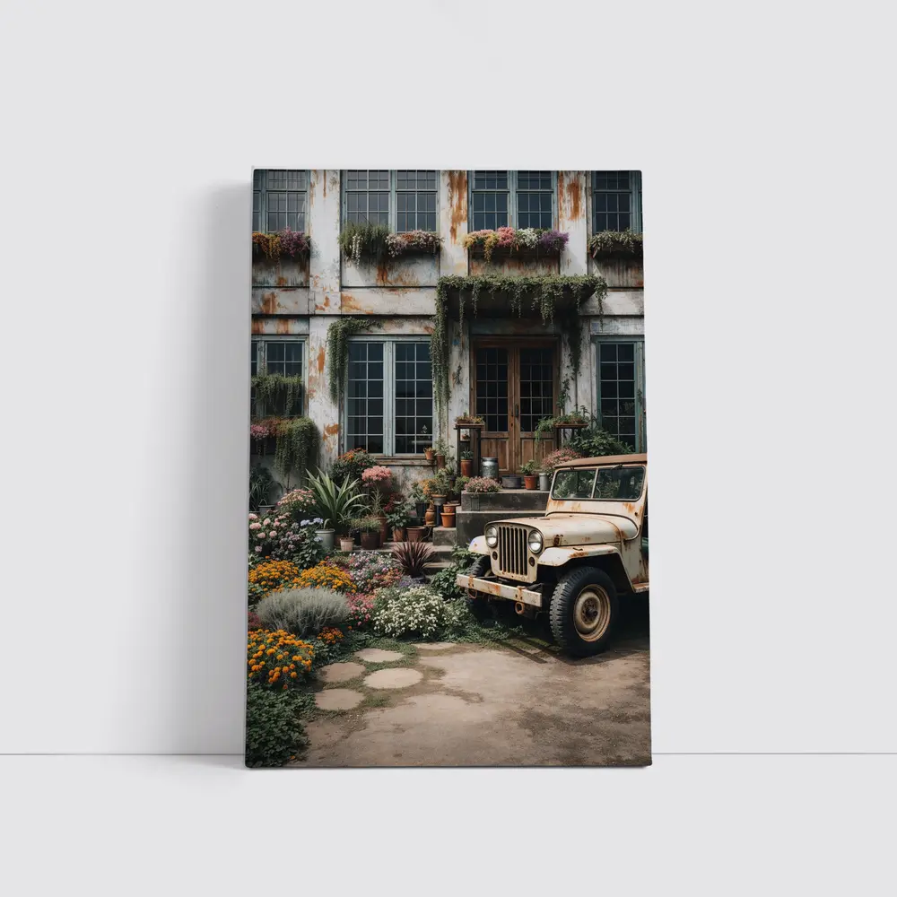Vintage Jeep Beside Overgrown Floral Building – Wall Art
