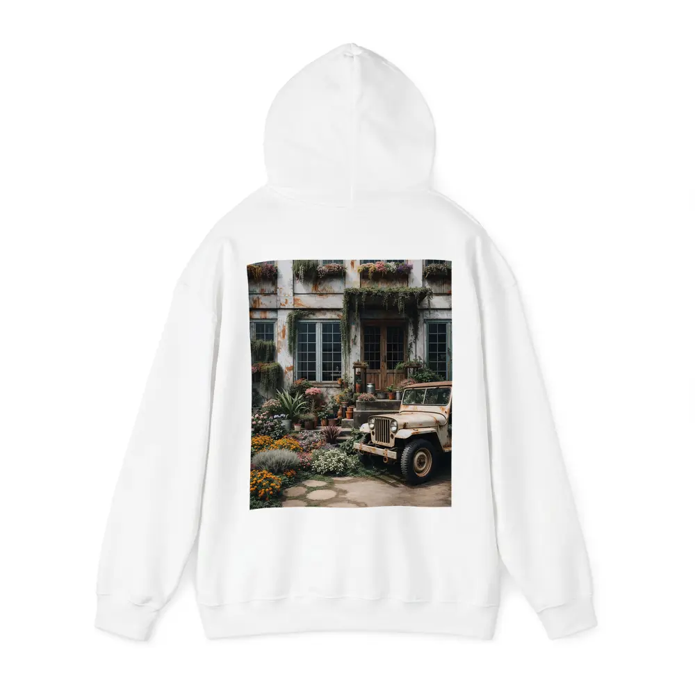 Vintage Jeep Beside Overgrown Floral Building – Hoodies