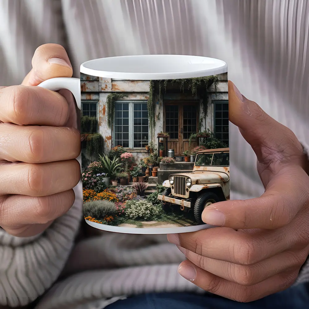 Vintage Jeep Beside Overgrown Floral Building – Mugs