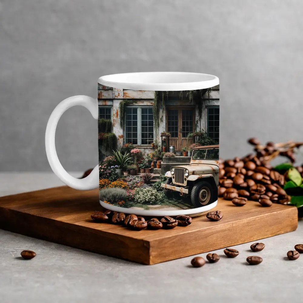 Vintage Jeep Beside Overgrown Floral Building – Mugs