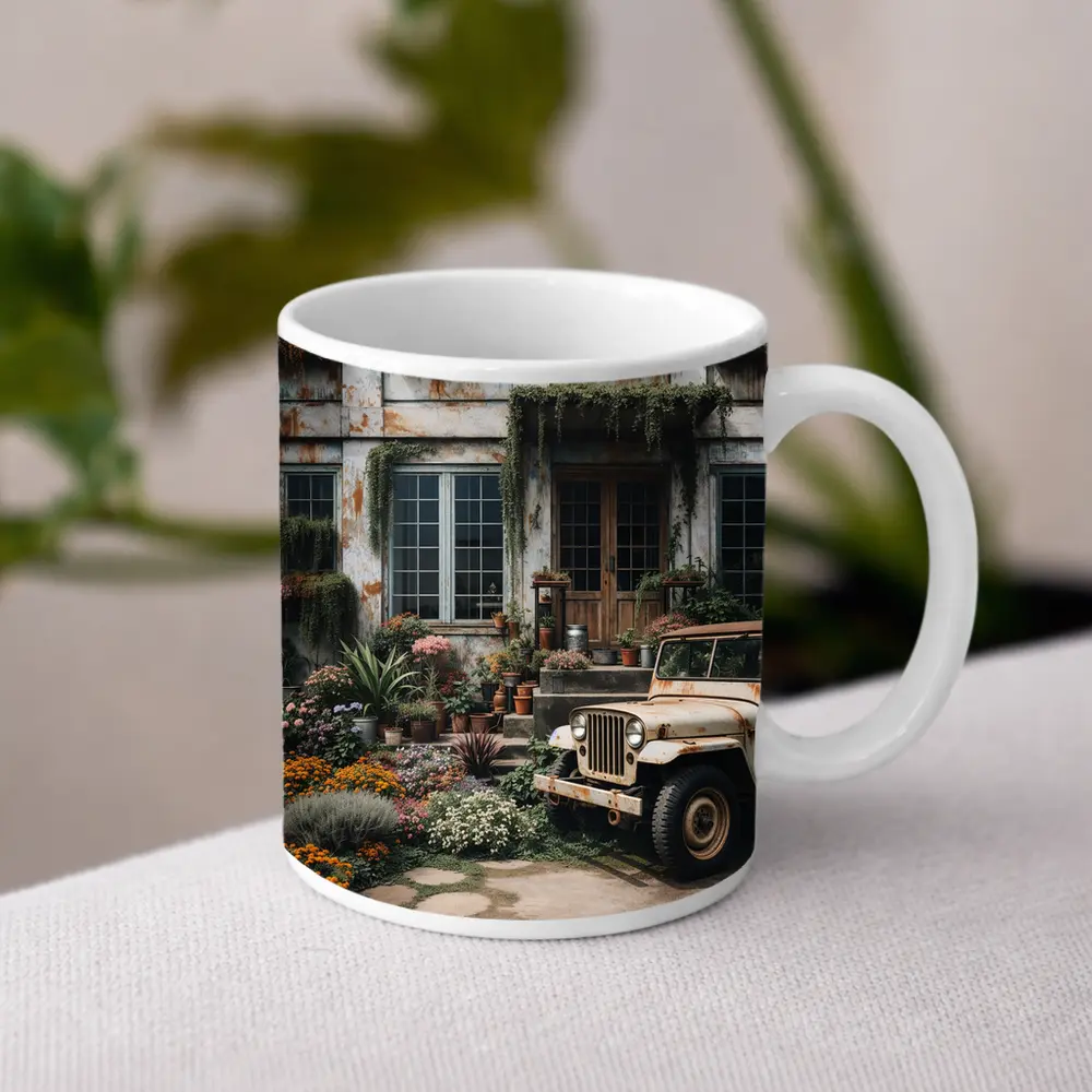 Vintage Jeep Beside Overgrown Floral Building – Mugs