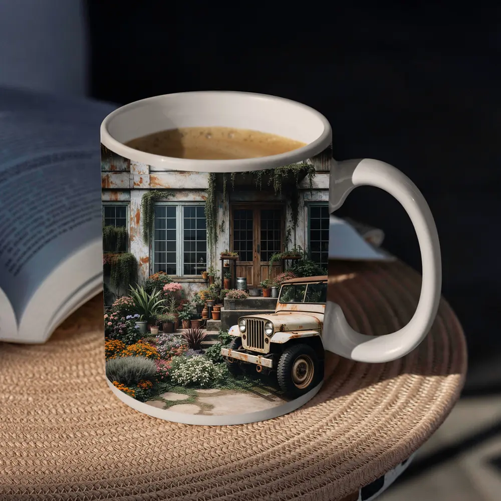 Vintage Jeep Beside Overgrown Floral Building – Mugs