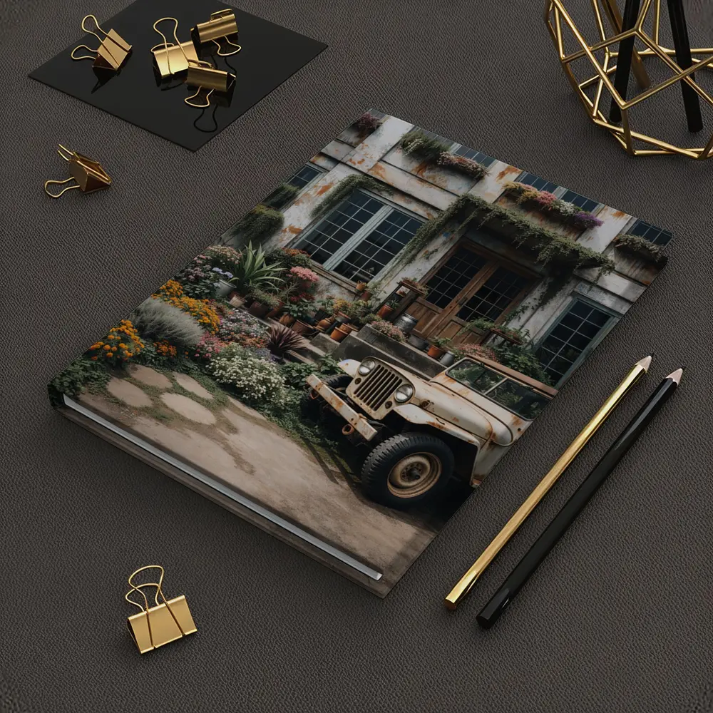 Vintage Jeep Beside Overgrown Floral Building – Notebooks