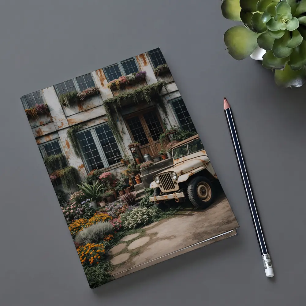 Vintage Jeep Beside Overgrown Floral Building – Notebooks