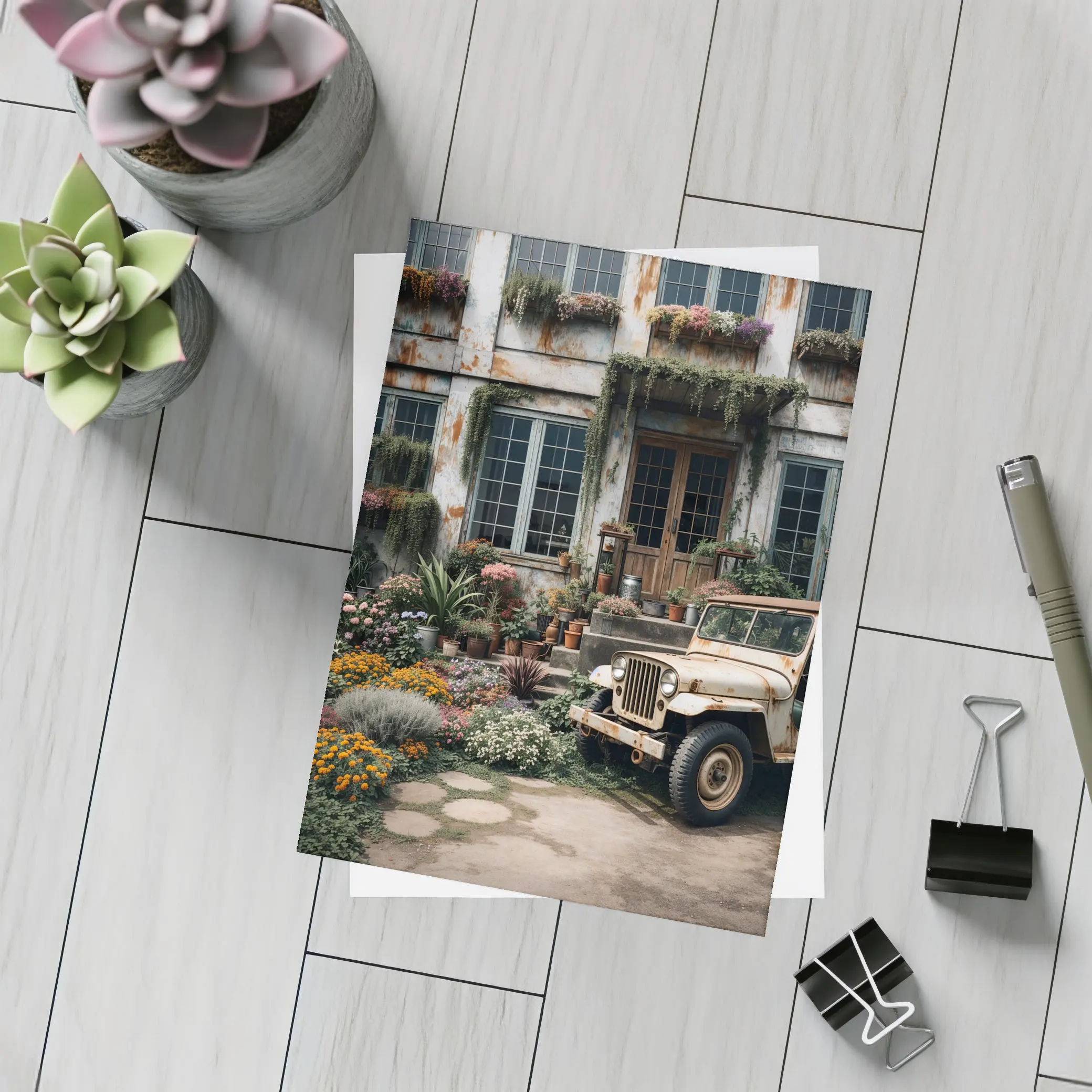 Vintage Jeep Beside Overgrown Floral Building – Postcards