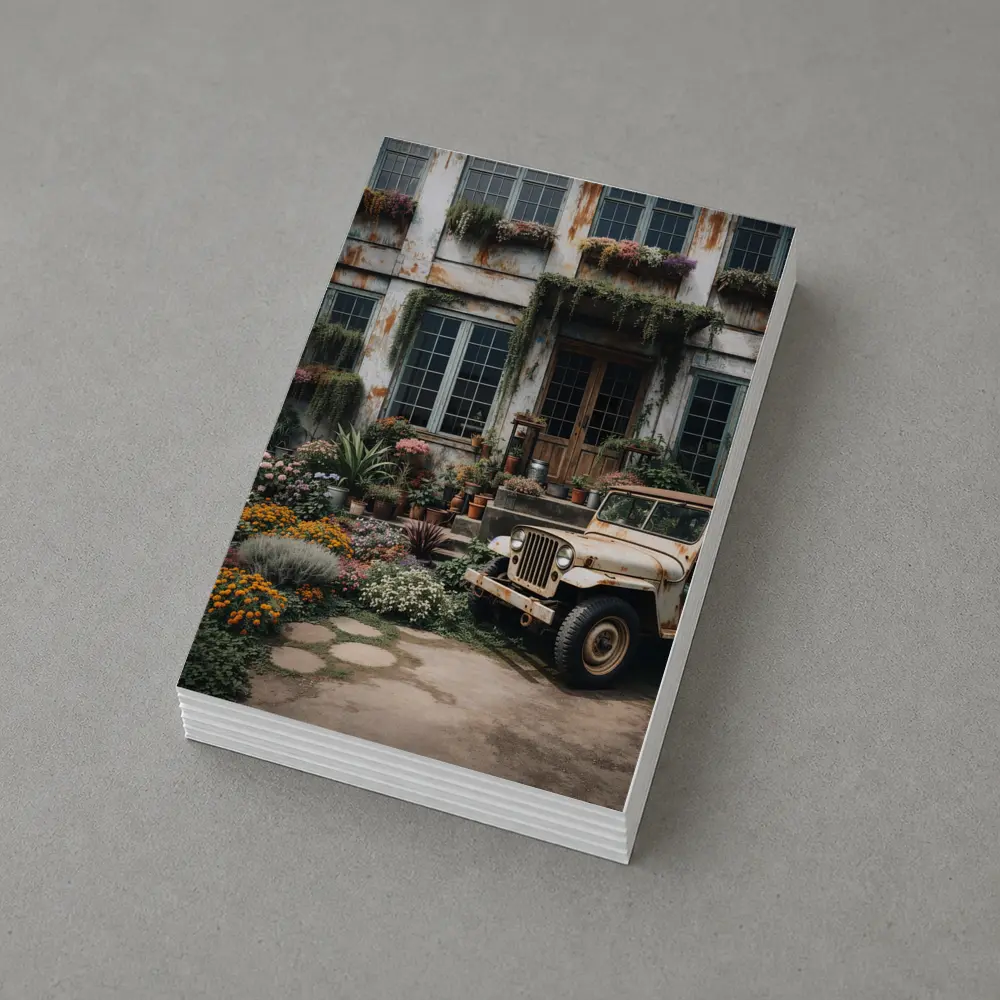 Vintage Jeep Beside Overgrown Floral Building – Postcards