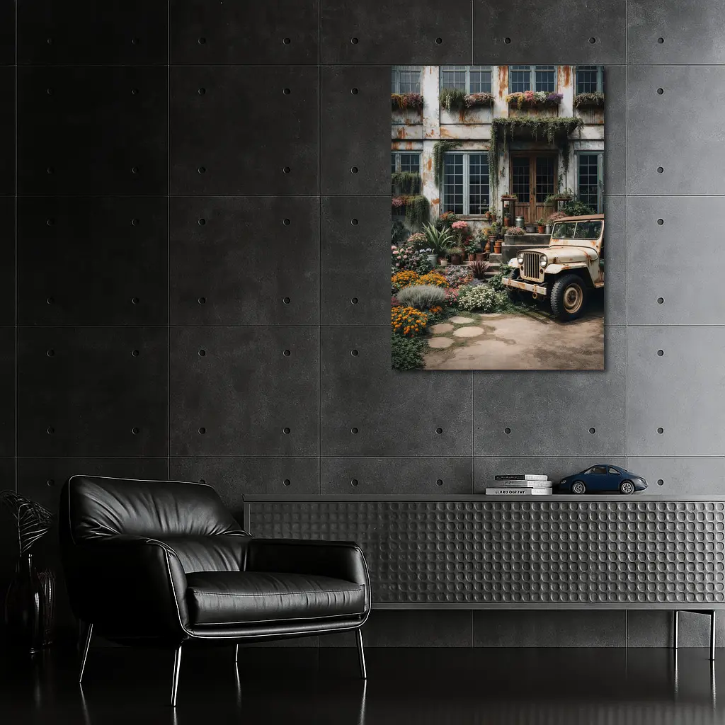 Vintage Jeep Beside Overgrown Floral Building – Wall Art
