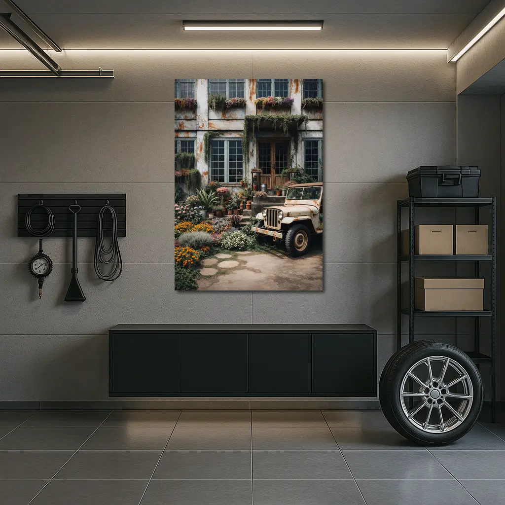 Vintage Jeep Beside Overgrown Floral Building – Wall Art