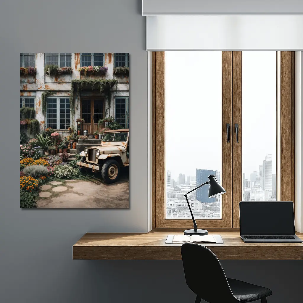 Vintage Jeep Beside Overgrown Floral Building – Wall Art