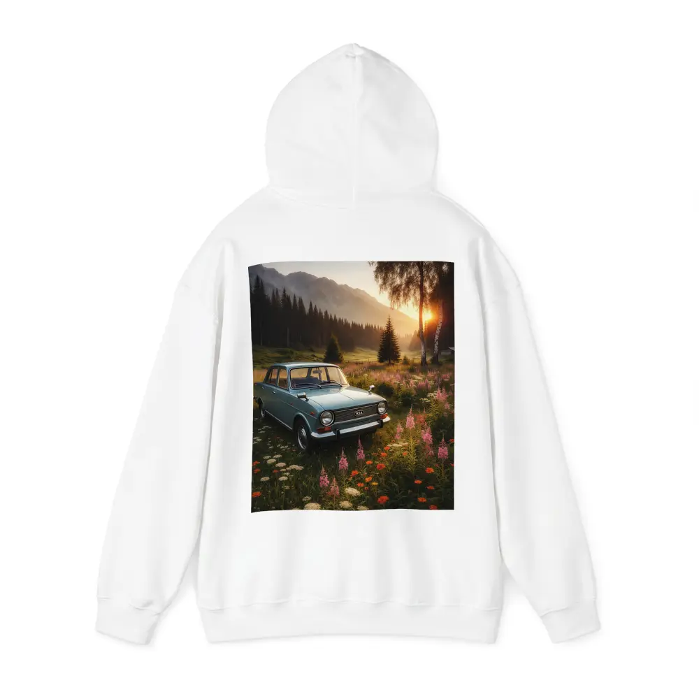 Vintage Kia Classic Car Mountain Meadow Sunset – Hoodies