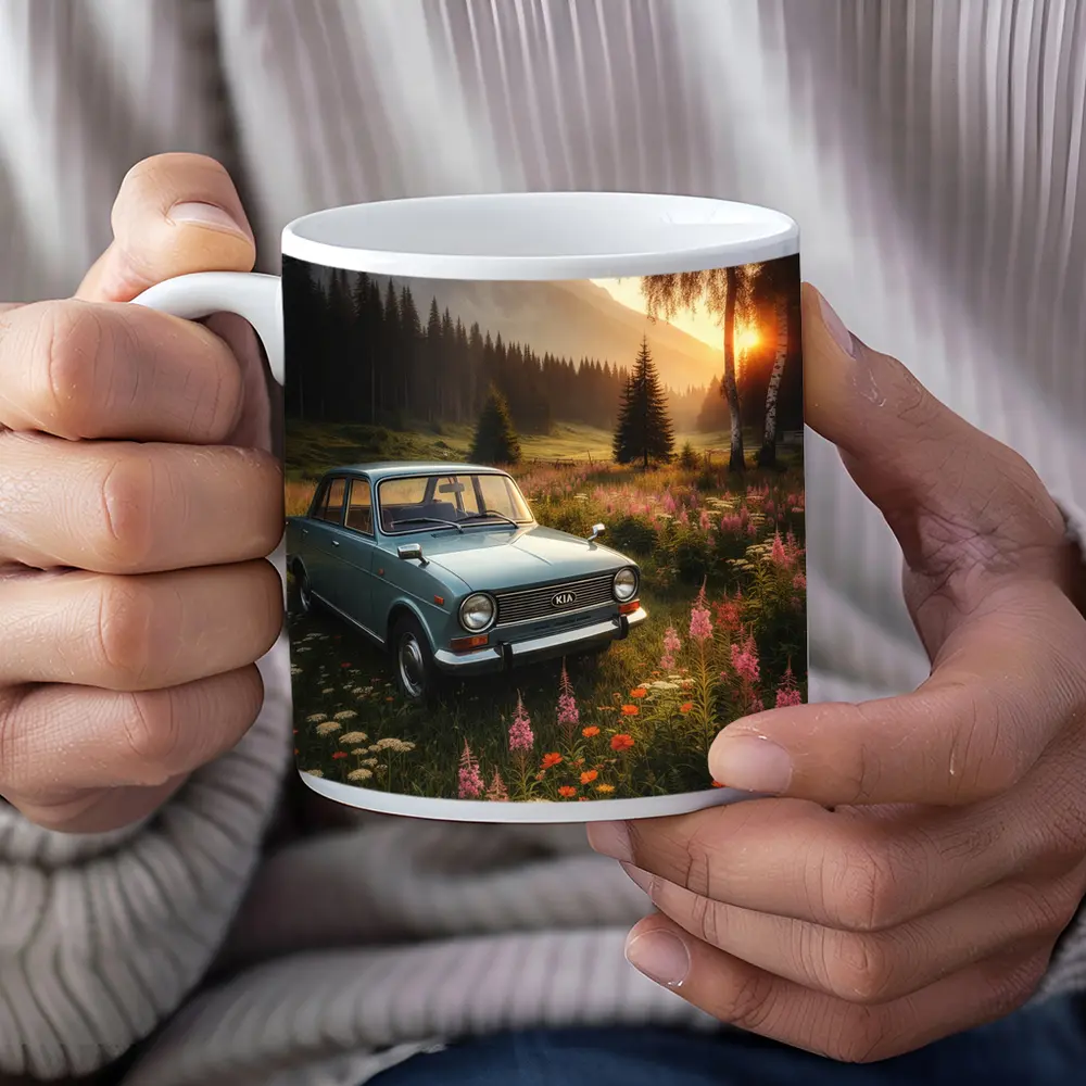 Vintage Kia Classic Car Mountain Meadow Sunset – Mugs