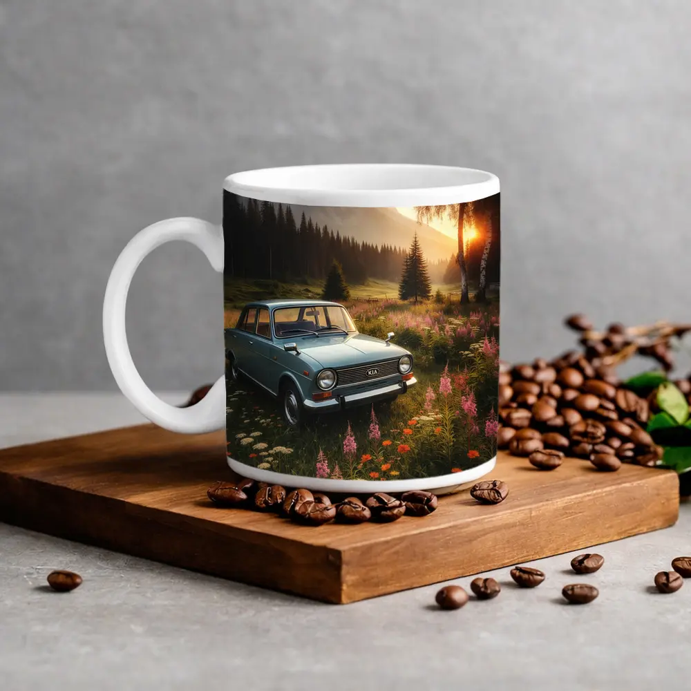 Vintage Kia Classic Car Mountain Meadow Sunset – Mugs