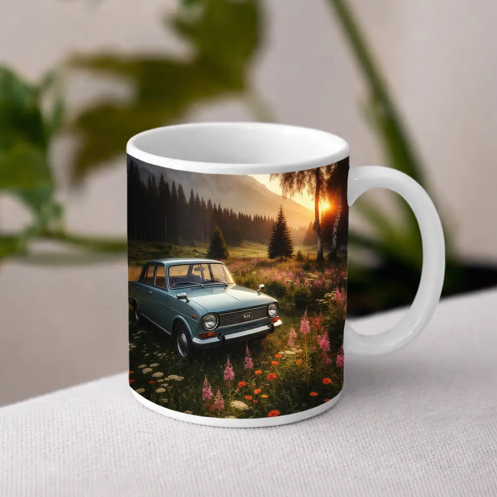 Vintage Kia Classic Car Mountain Meadow Sunset – Mugs