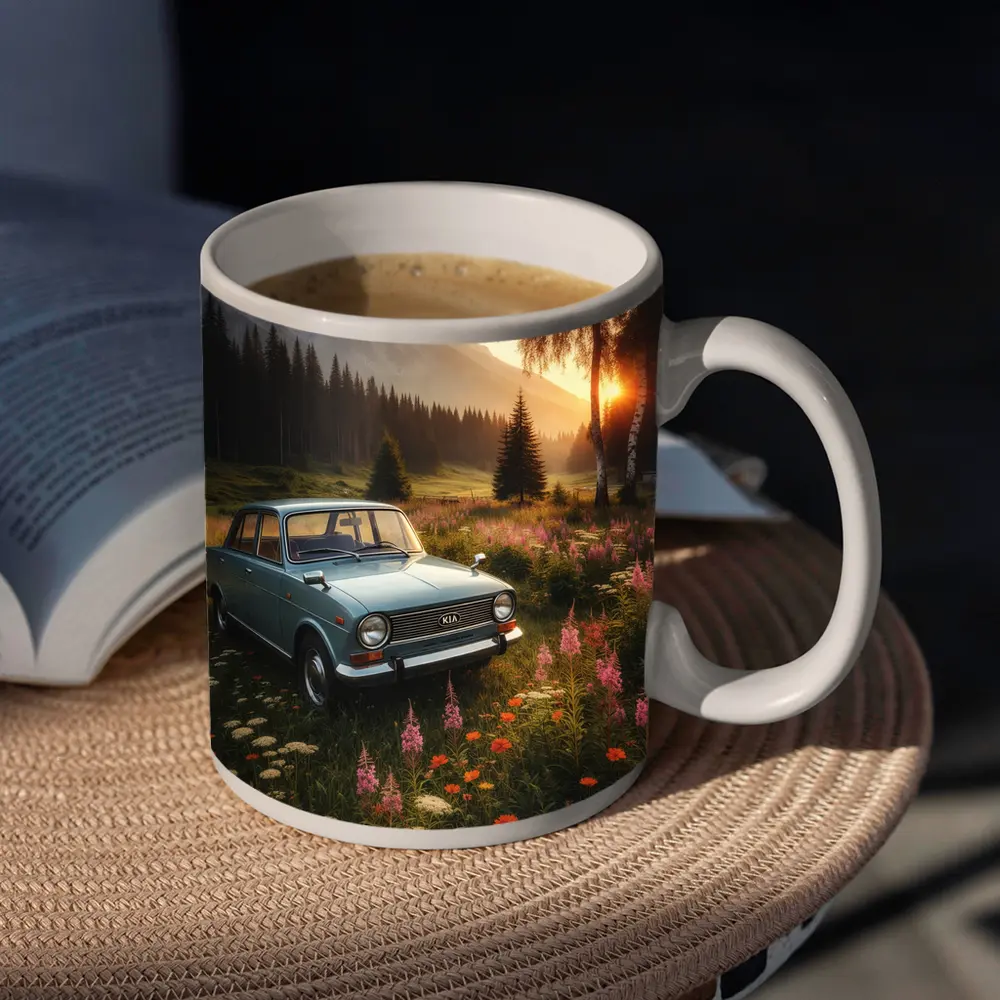 Vintage Kia Classic Car Mountain Meadow Sunset – Mugs