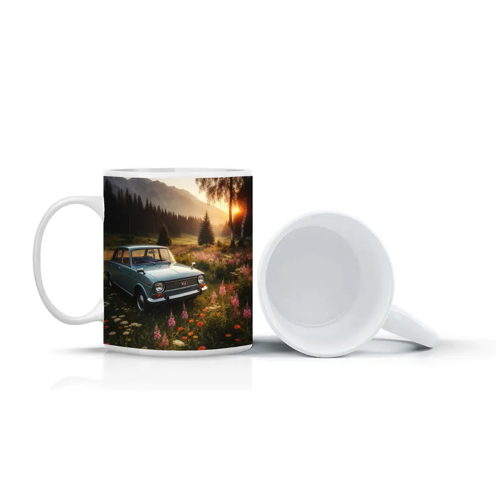 Vintage Kia Classic Car Mountain Meadow Sunset – Mugs