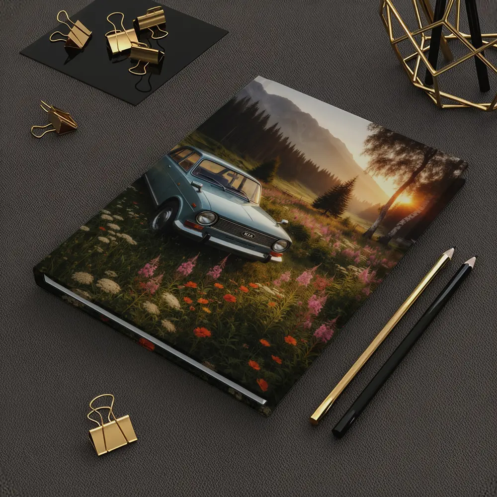 Vintage Kia Classic Car Mountain Meadow Sunset – Notebooks