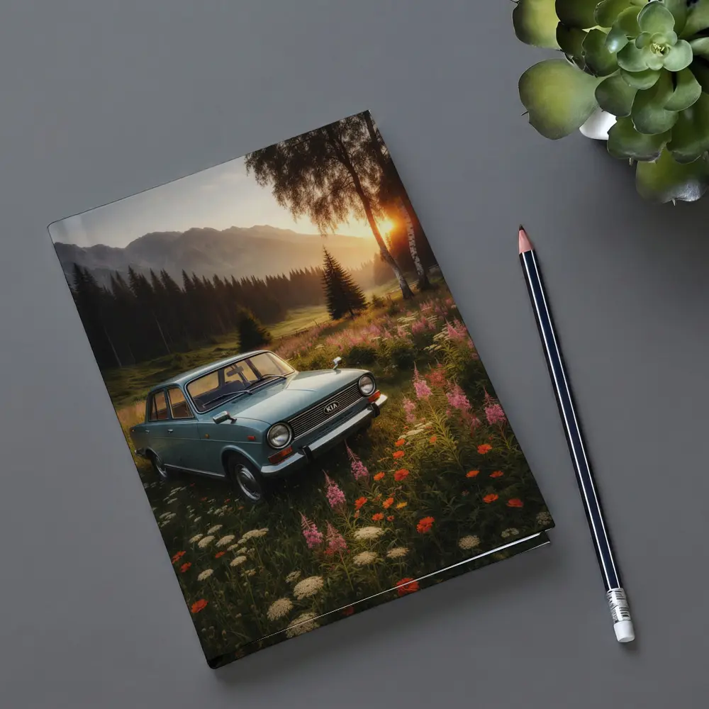 Vintage Kia Classic Car Mountain Meadow Sunset – Notebooks