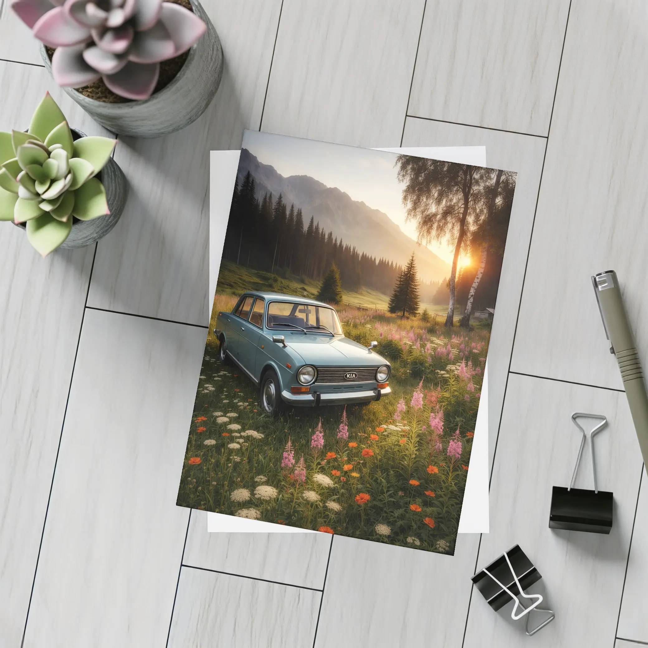 Vintage Kia Classic Car Mountain Meadow Sunset – Postcards