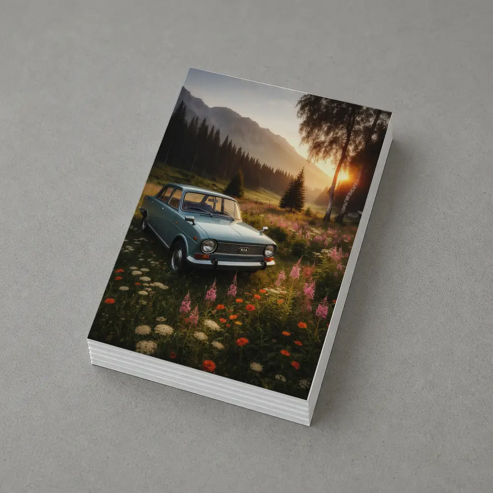 Vintage Kia Classic Car Mountain Meadow Sunset – Postcards