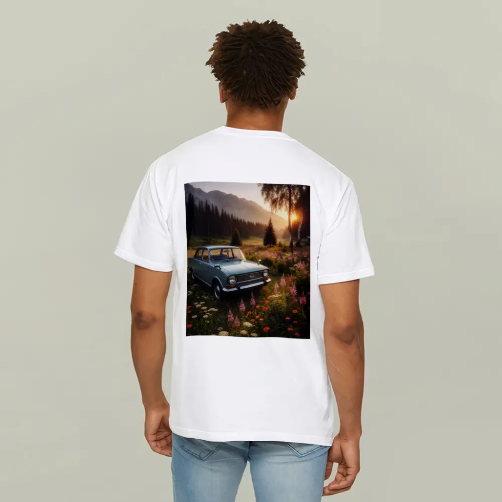 Vintage Kia Classic Car Mountain Meadow Sunset – T-Shirts
