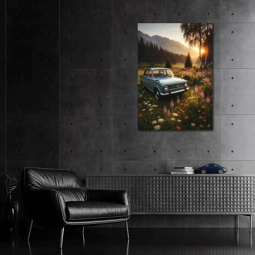 Vintage Kia Classic Car Mountain Meadow Sunset – Wall Art