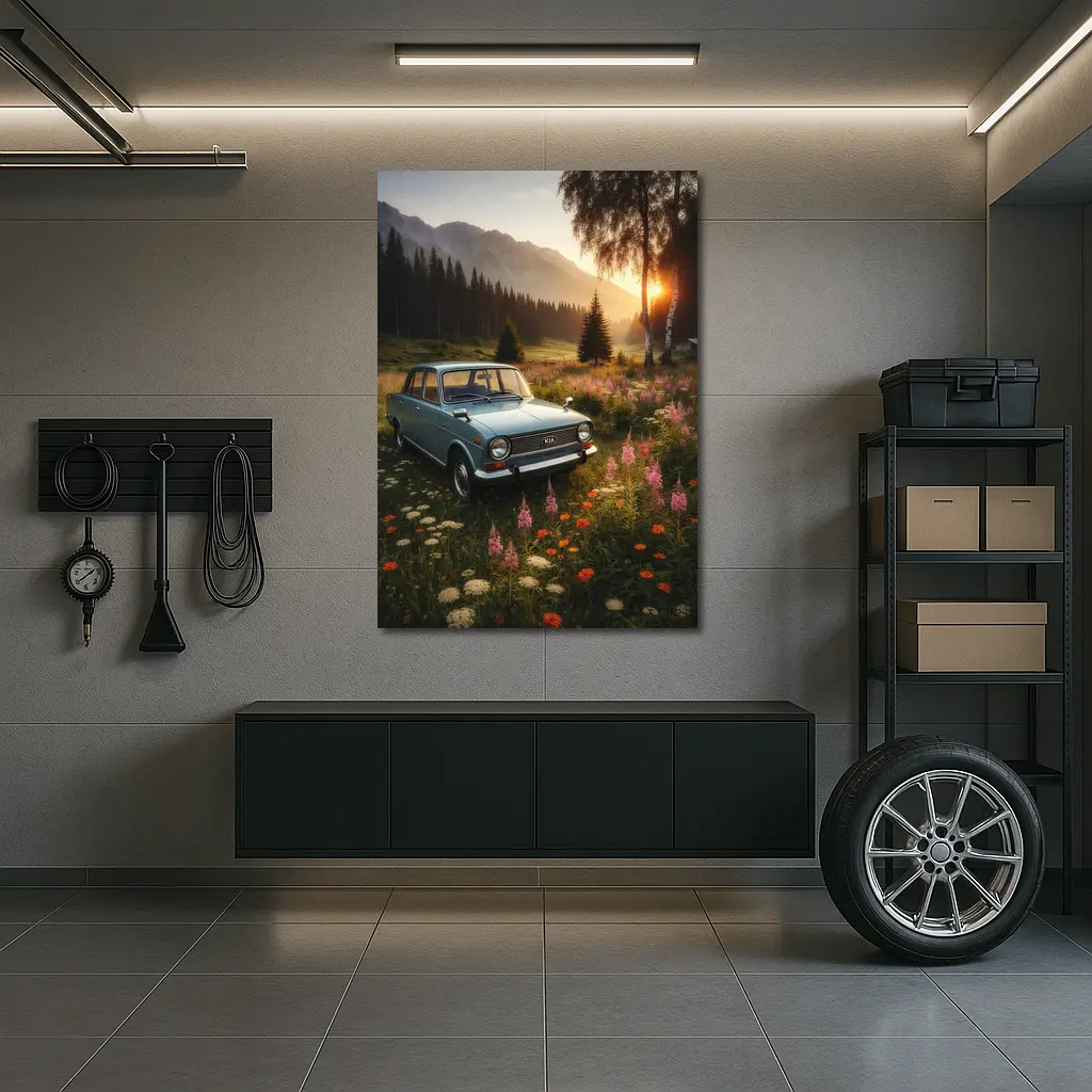 Vintage Kia Classic Car Mountain Meadow Sunset – Wall Art