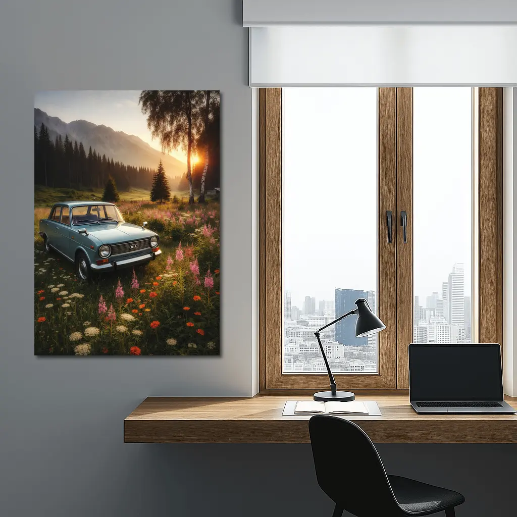 Vintage Kia Classic Car Mountain Meadow Sunset – Wall Art