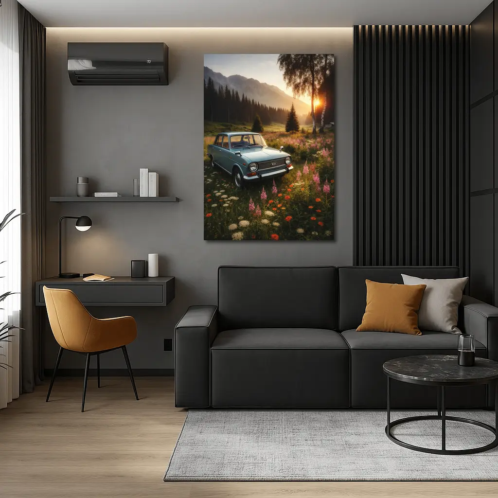 Vintage Kia Classic Car Mountain Meadow Sunset – Wall Art