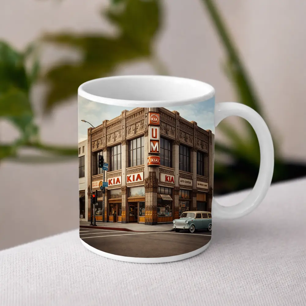 Kia Auto Center Retro Art Deco Building – Mugs