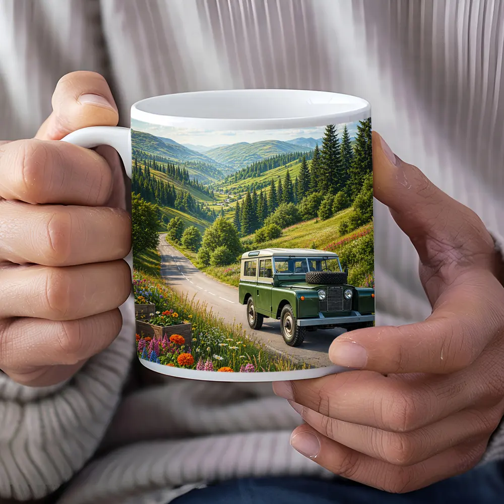 Vintage Land Rover Defender Mountain Road Art – Mugs