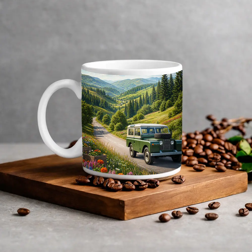 Vintage Land Rover Defender Mountain Road Art – Mugs