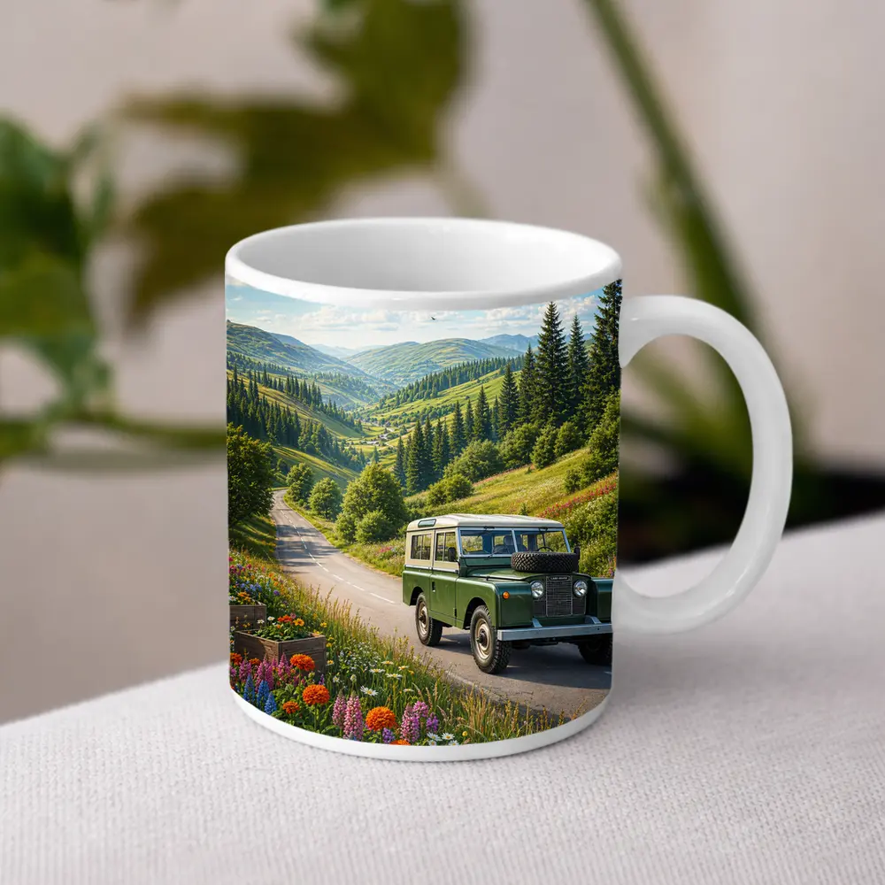 Vintage Land Rover Defender Mountain Road Art – Mugs